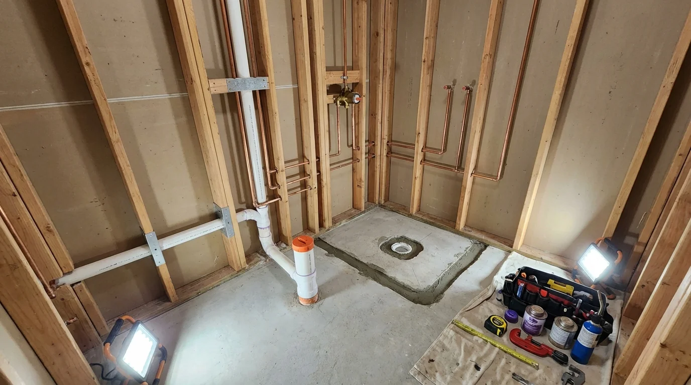Bathroom rough-in plumbing during remodel by Johns Plumbing LLC in Mathews