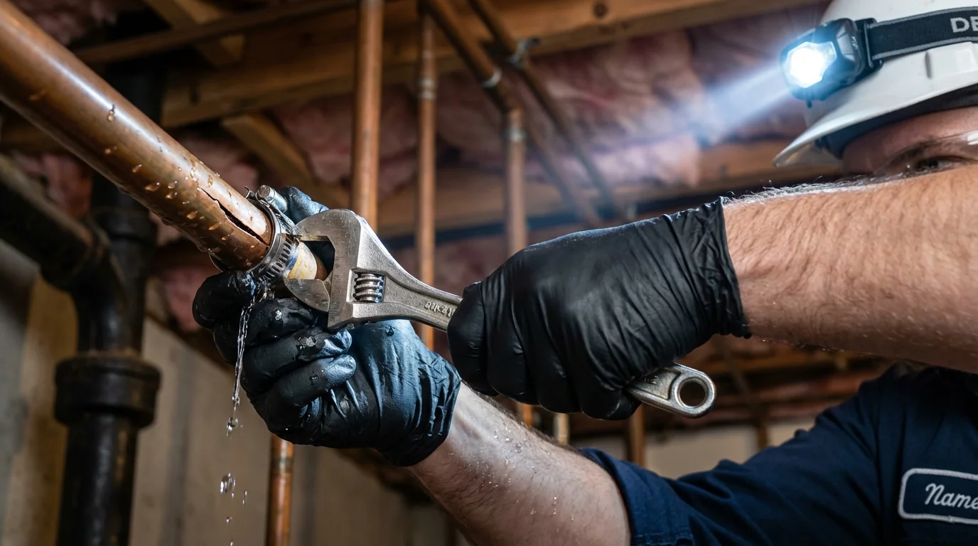 Emergency pipe clamp repair being performed by a Johns Plumbing LLC plumber in Mathews