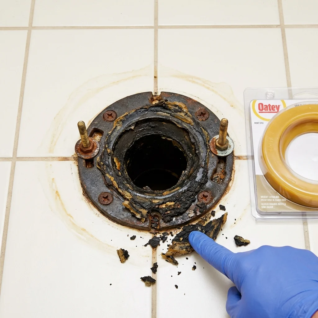 Failed wax ring showing water seepage at the base of a toilet in a Mathews, VA home