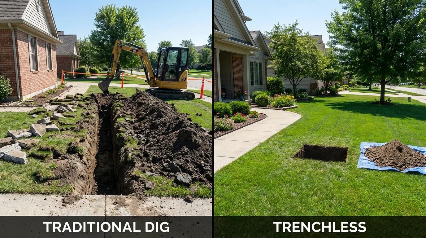 Trenchless sewer repair with minimal yard damage versus traditional excavation in Mathews, VA