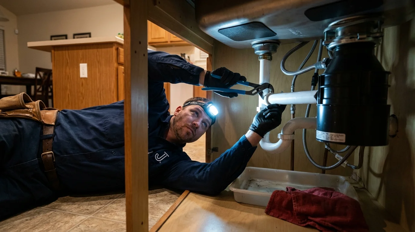 P-trap and supply line connections under a kitchen sink showing a common leak point in Mathews, VA